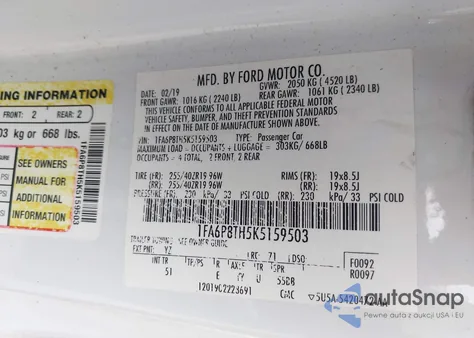 2019 Ford Mustang Ecoboost Premium from USA, damaged, VIN 1FA6P8TH5K5159503